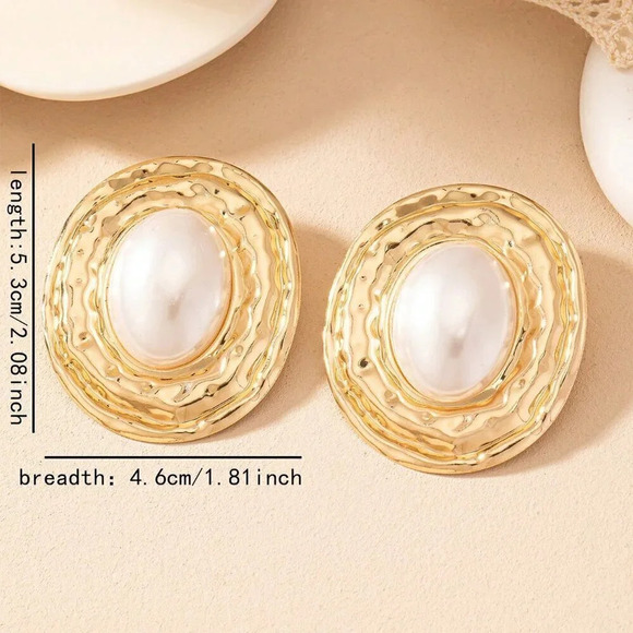 Yellow Gold Women's Geometric Texture Oval Pearl Inlay Pendant Vintage Earrings - Picture 4 of 6